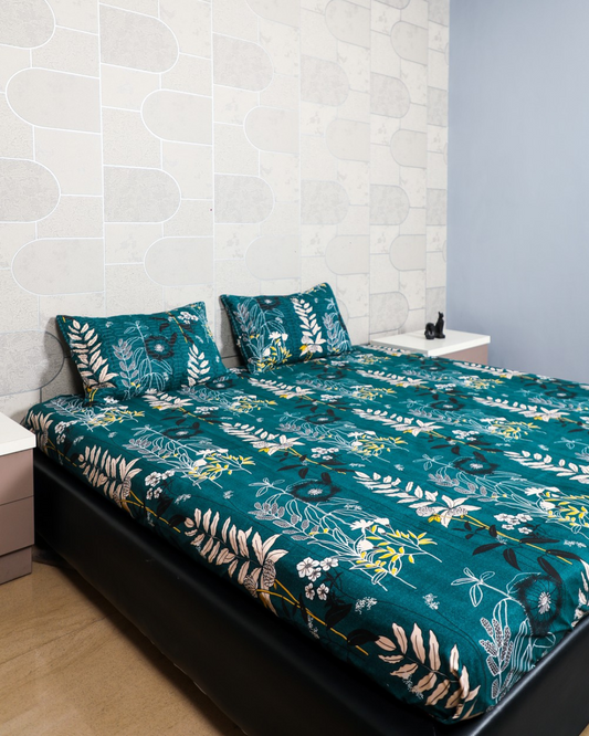 Anthurium Dark Green King Size Bedsheet Set with Quilted Designer Pillow Covers – Ultra-Soft, Breathable, and Luxury Bedding for All Seasons