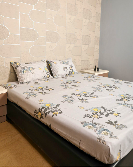 gray with floral print king size bedsheet with quilted pillow cover